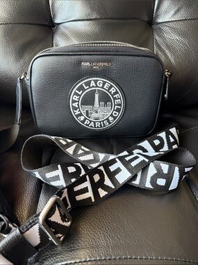 Karl Lagerfeld Black Pebbled Logo Belt Bag with Black & White Strap